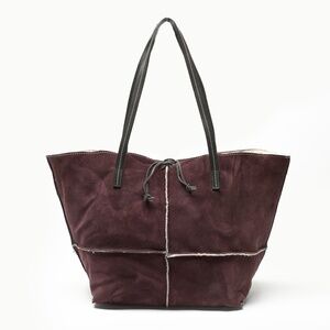 CRISTINA Suede Tote Bag with Shearling Trim and Lining Made in Italy